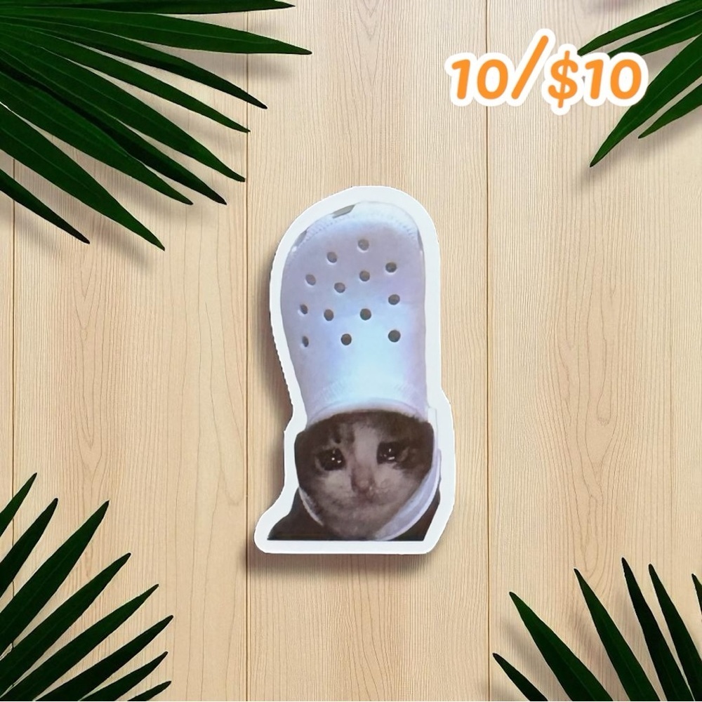 Sad Cat with Croc Hat Meme Sticker – 2.5”